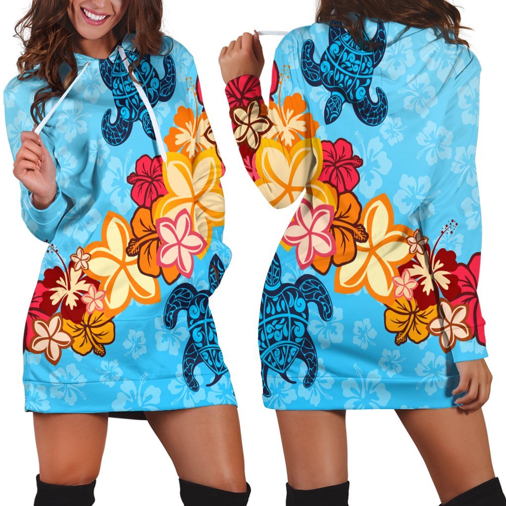 Hawaiian Ocean Turtle Plumeria And Hibiscus Polynesian Hoodie Dress - AH Black - Polynesian Pride