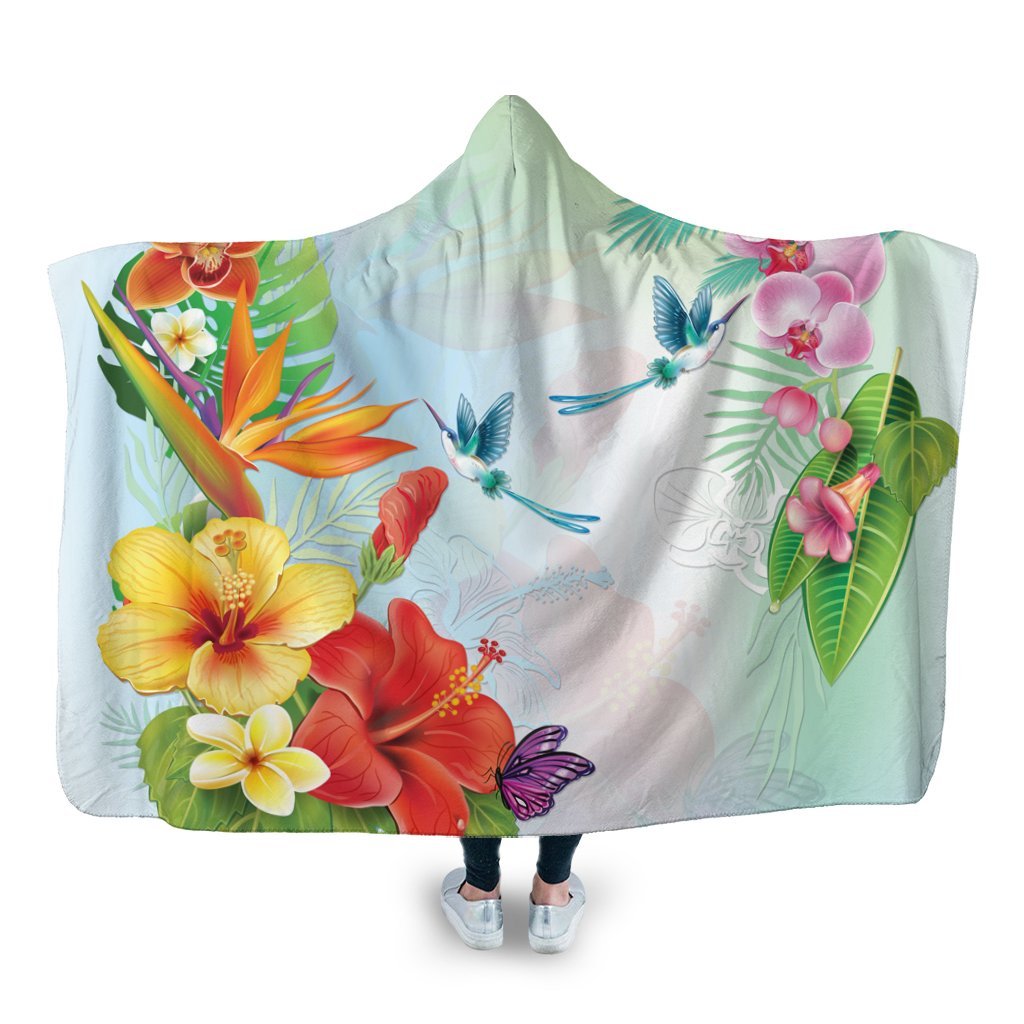 Hawaiian Orchids Strelitzia Hibiscus Plumeria Hummingbirds Polynesian Hooded Blanket - AH Hooded Blanket White - Polynesian Pride