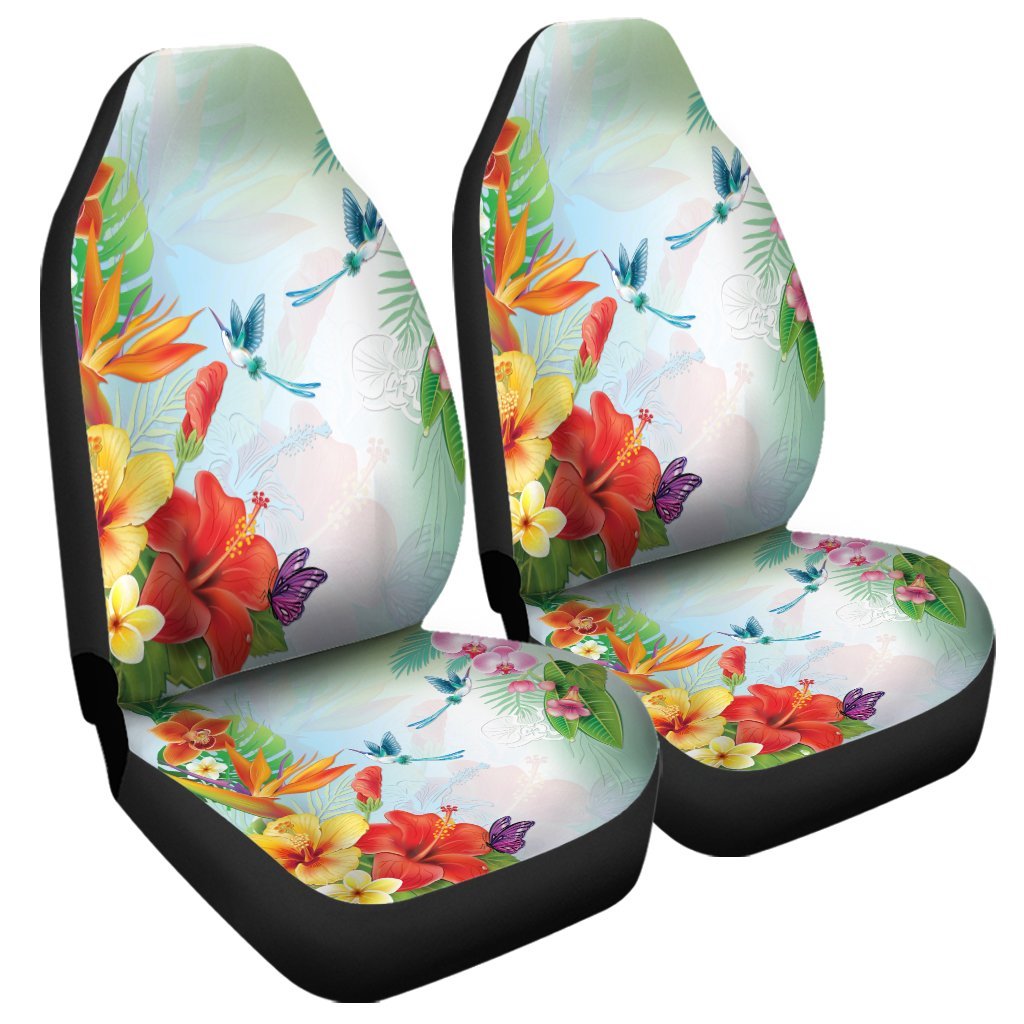 Hawaiian Orchids Strelitzia Hibiscus Plumeria Hummingbirds Polynesian Car Seat Covers - AH Universal Fit Black - Polynesian Pride