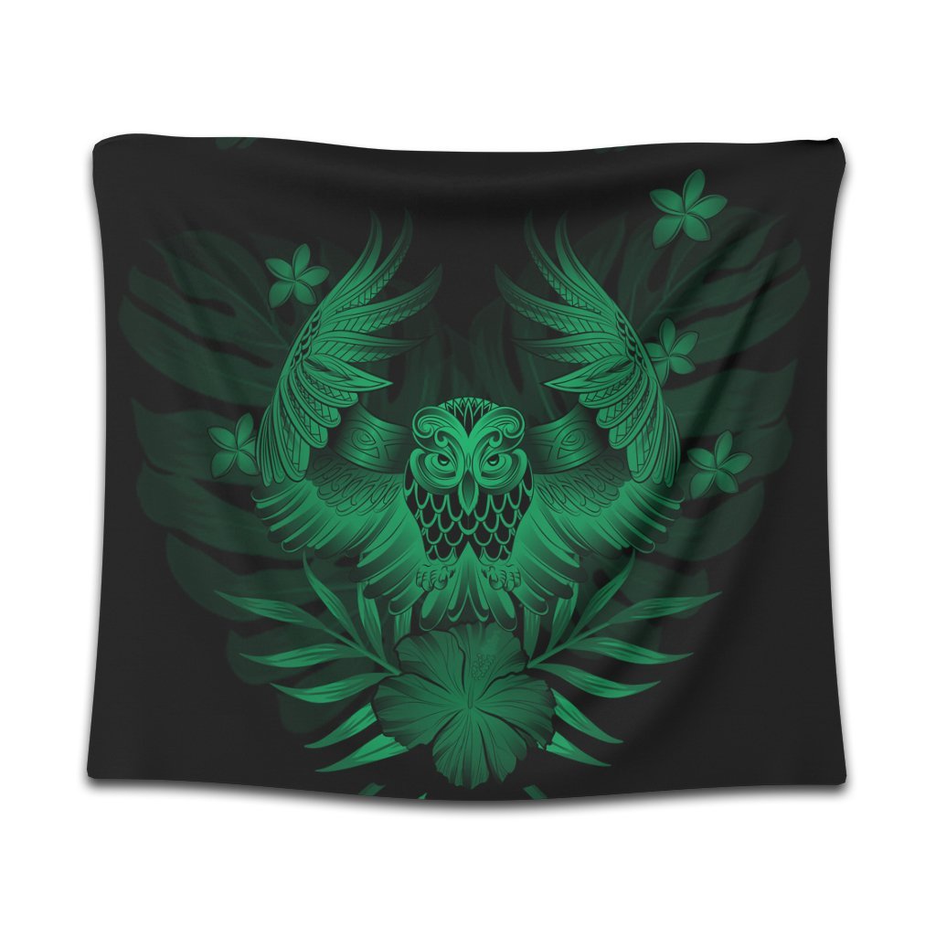 Hawaiian Owl Hibiscus Plumeria Polynesian Tapestry - Green - AH Wall Tapestry Black - Polynesian Pride