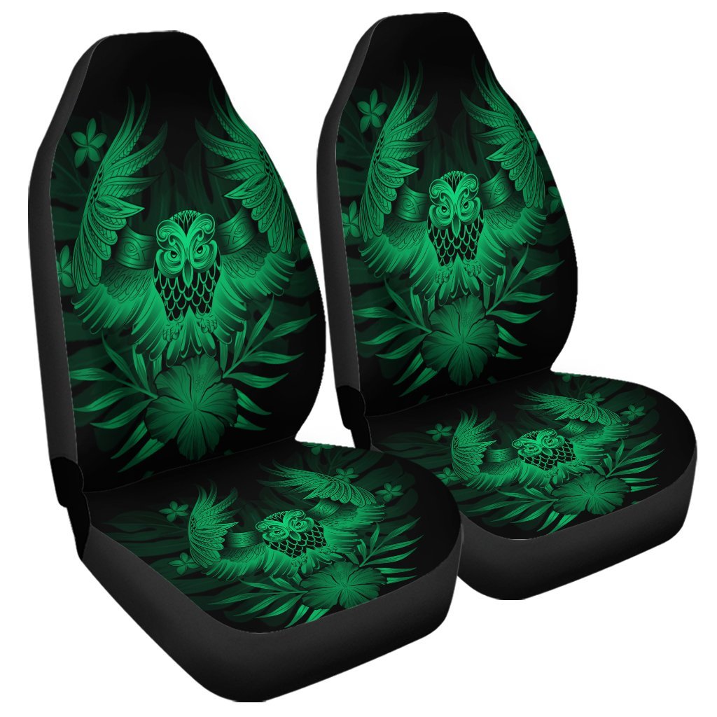 Hawaiian Owl Hibiscus Plumeria Polynesian Car Seat Covers - Green - AH Universal Fit Black - Polynesian Pride