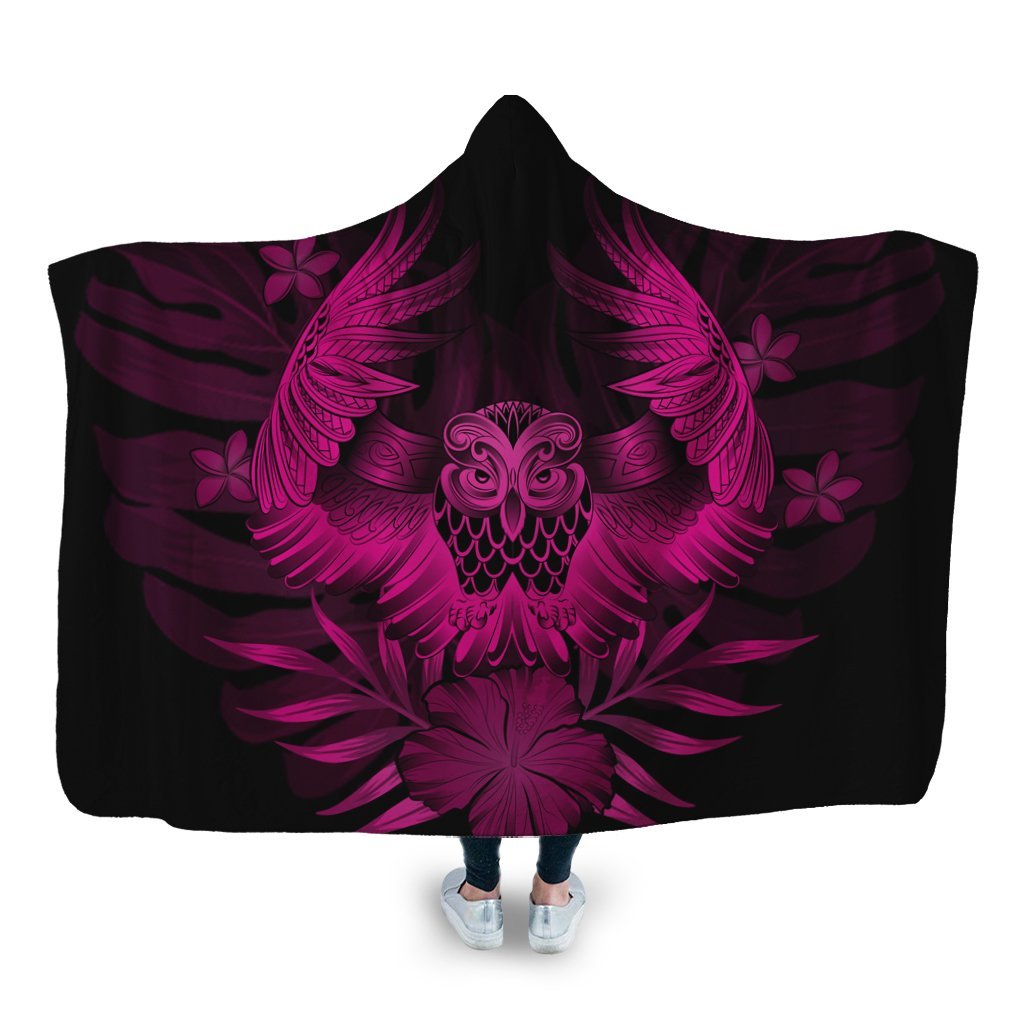 Hawaiian Owl Hibiscus Plumeria Polynesian Hooded Blanket - Pink - AH Hooded Blanket White - Polynesian Pride