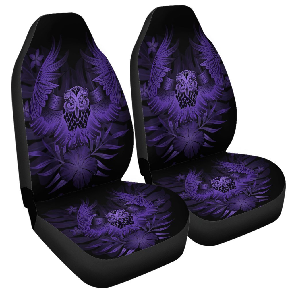 Hawaiian Owl Hibiscus Plumeria Polynesian Car Seat Covers - Purple - AH Universal Fit Black - Polynesian Pride