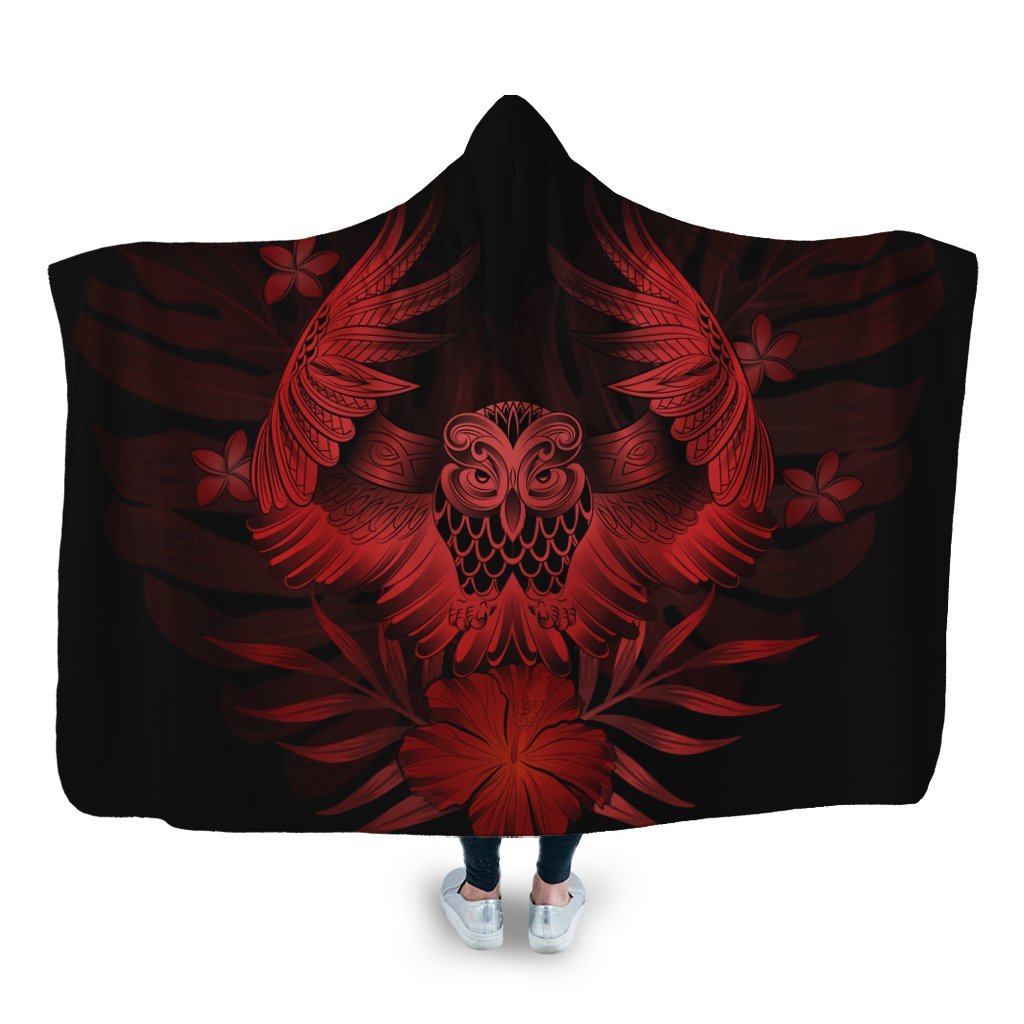 Hawaiian Owl Hibiscus Plumeria Polynesian Hooded Blanket - Red - AH Hooded Blanket White - Polynesian Pride