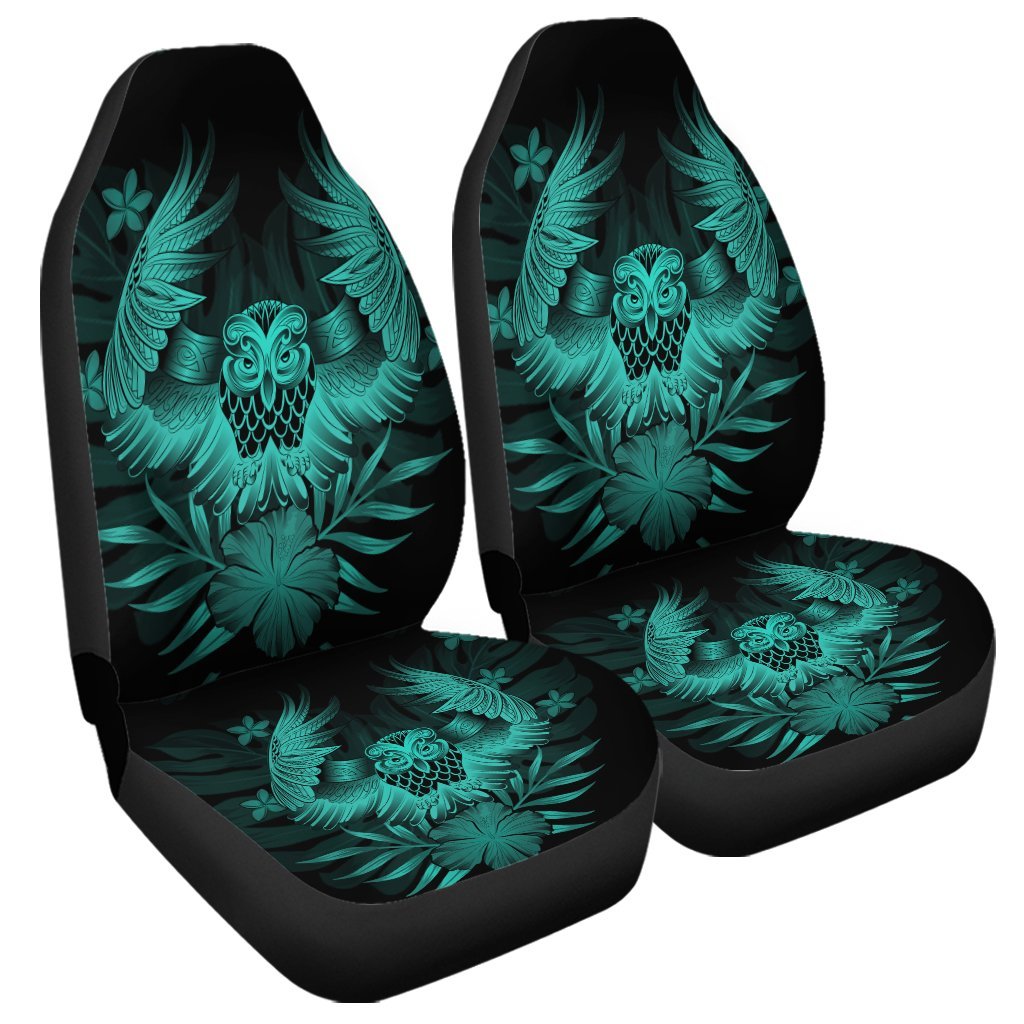 Hawaiian Owl Hibiscus Plumeria Polynesian Car Seat Covers - Turquoise - AH Universal Fit Black - Polynesian Pride