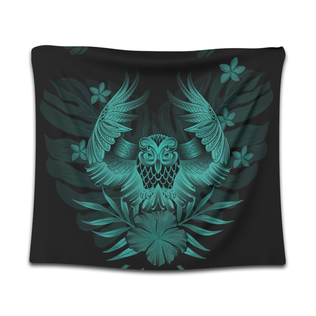 Hawaiian Owl Hibiscus Plumeria Polynesian Tapestry - Turquoise - AH Wall Tapestry Black - Polynesian Pride