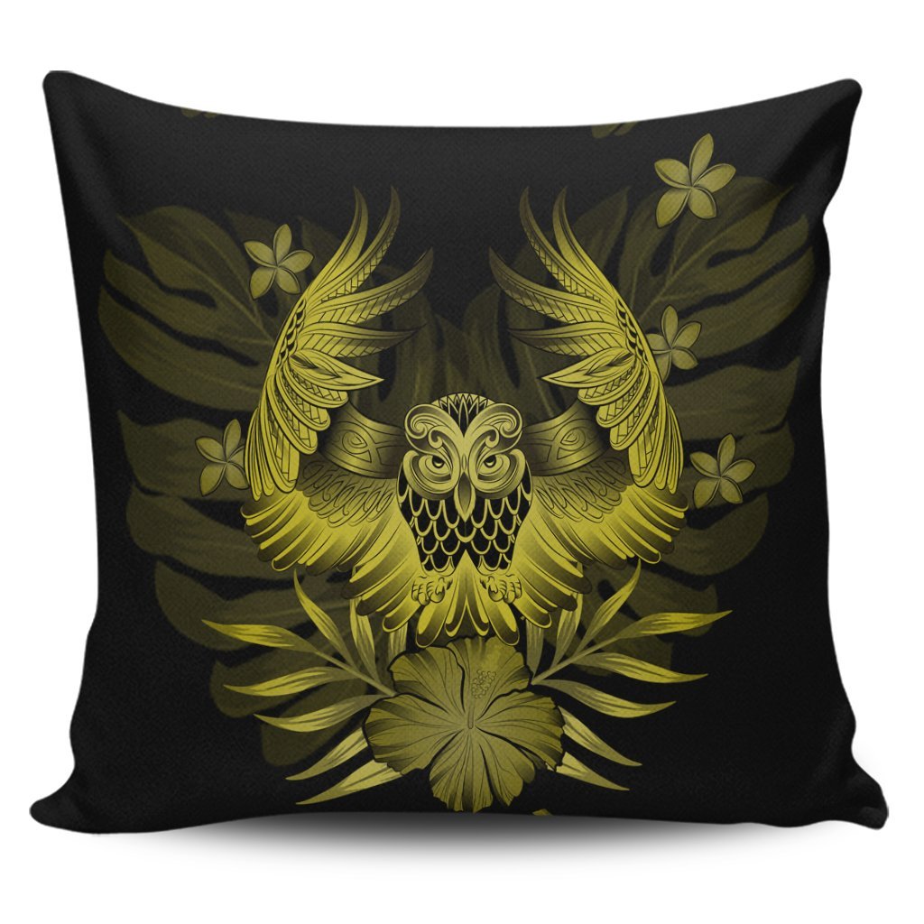 Hawaiian Owl Hibiscus Plumeria Polynesian Pillow Covers - Yellow - AH Pillow Covers Black - Polynesian Pride