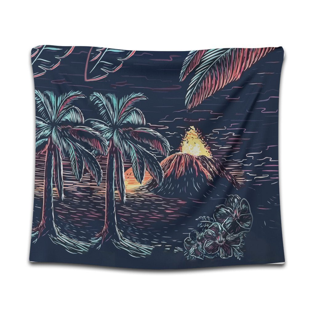 Hawaiian Palm Tree Volcano Night On The Land Tapestry - AH Wall Tapestry Black - Polynesian Pride