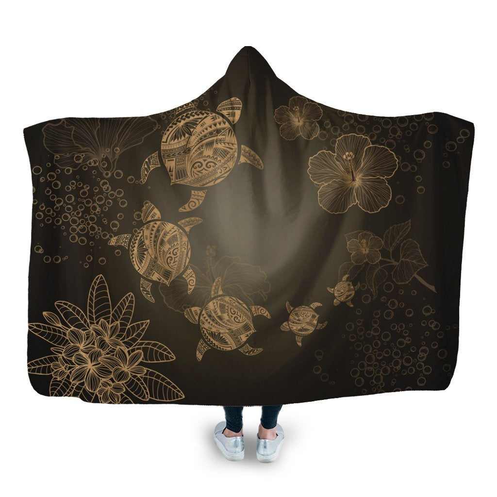 Hawaiian Plumeria Hibiscus Turtle Under Sea Polynesian Hooded Blanket Gold AH Hooded Blanket White - Polynesian Pride