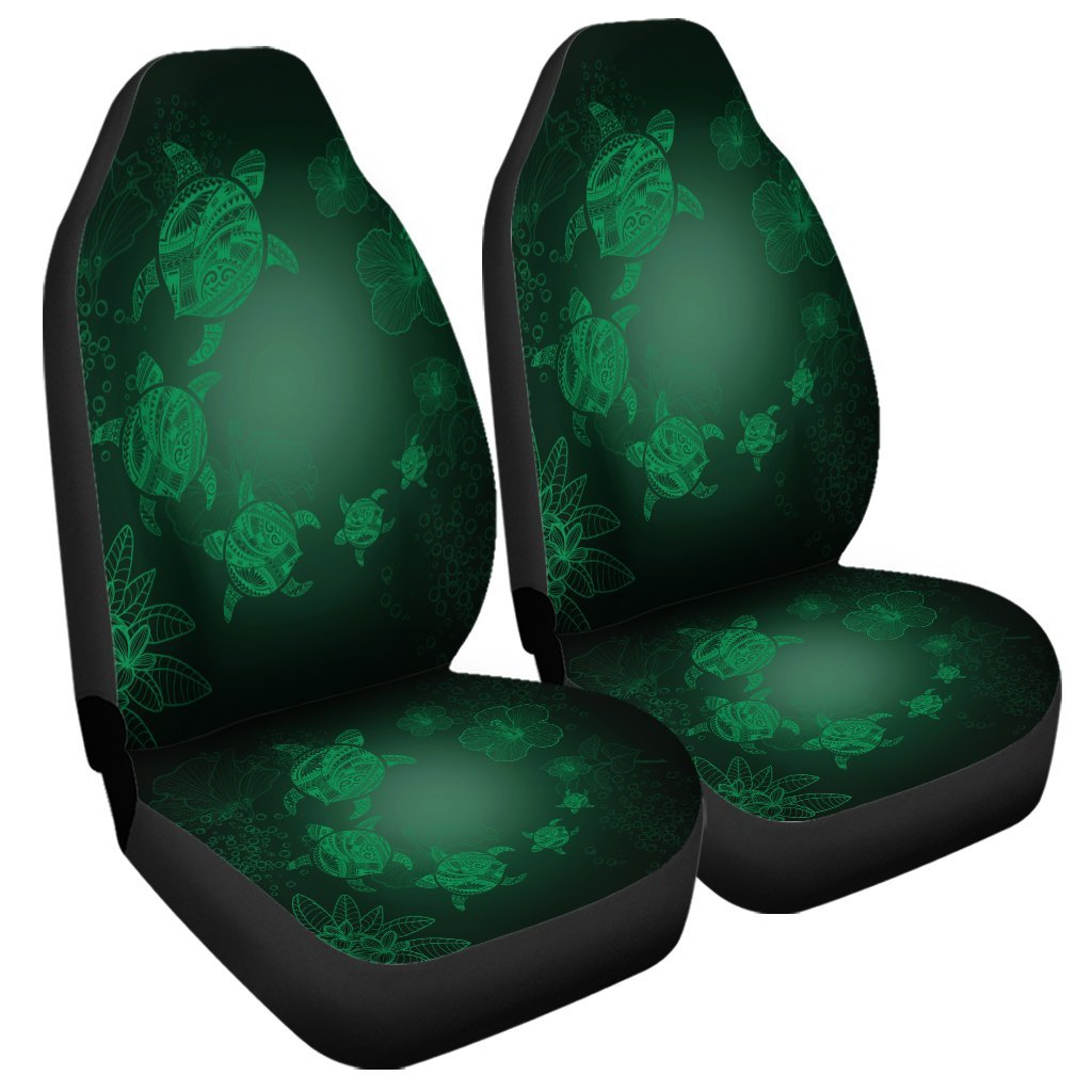 Hawaiian Plumeria Hibiscus Turtle Under Sea Polynesian Car Seat Covers Green AH Universal Fit Black - Polynesian Pride