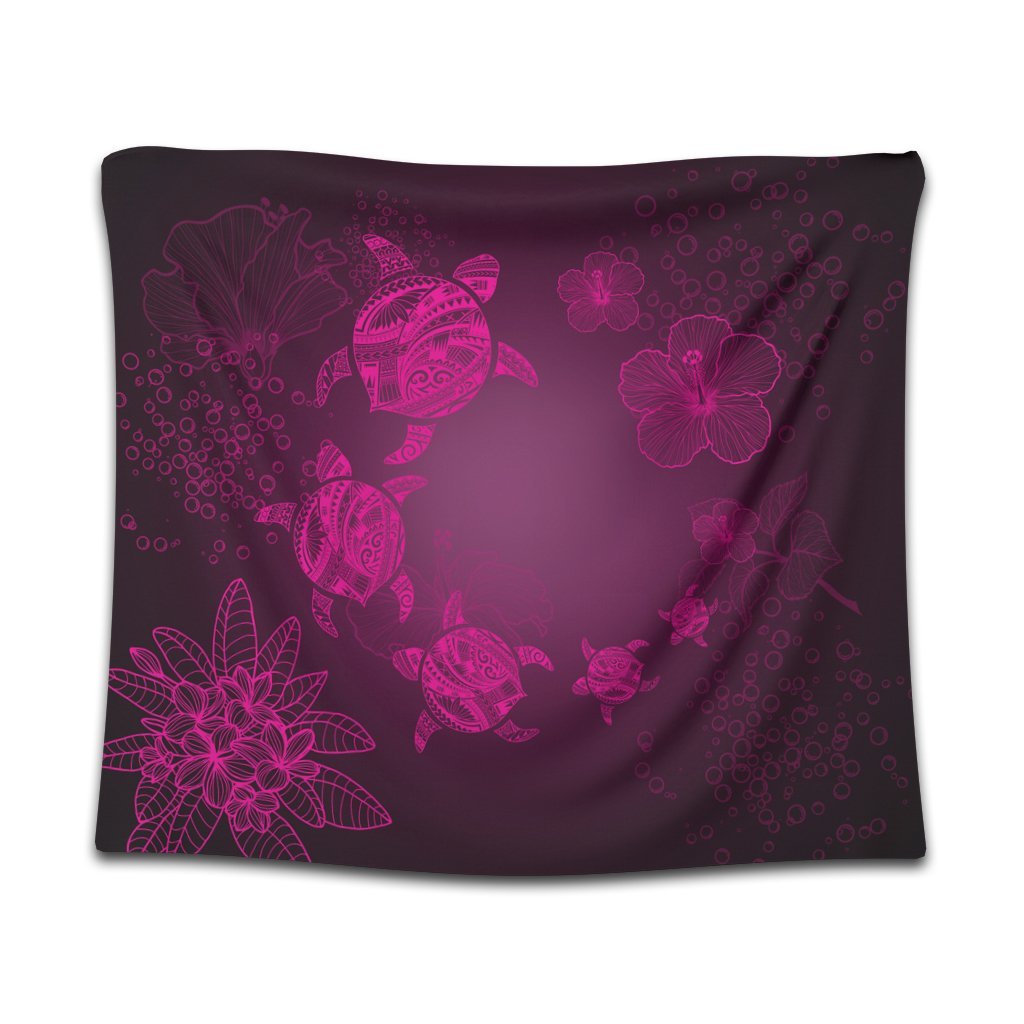 Hawaiian Plumeria Hibiscus Turtle Under Sea Polynesian Tapestry Pink AH Wall Tapestry Black - Polynesian Pride