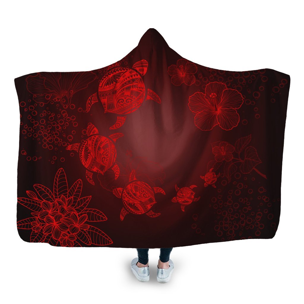 Hawaiian Plumeria Hibiscus Turtle Under Sea Polynesian Hooded Blanket Red AH Hooded Blanket White - Polynesian Pride