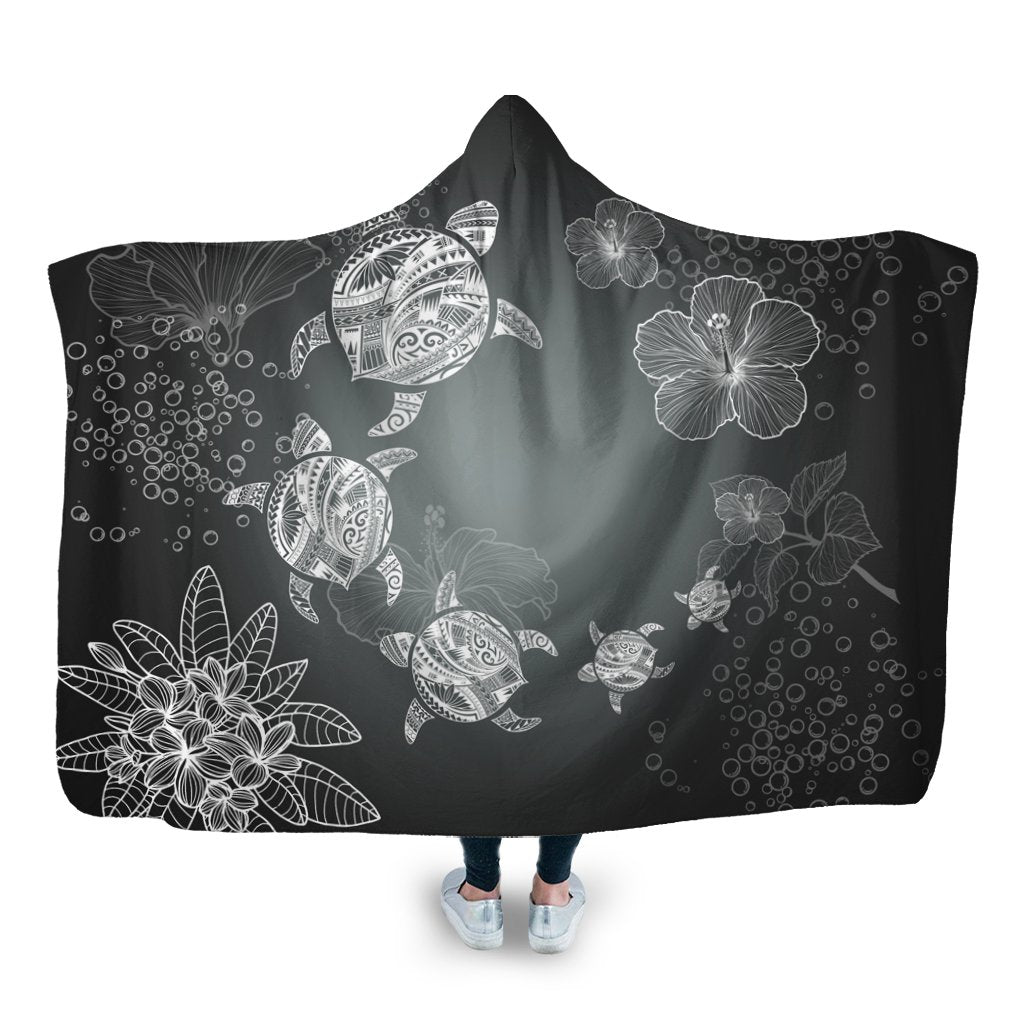 Hawaiian Plumeria Hibiscus Turtle Under Sea Polynesian Hooded Blanket White AH Hooded Blanket White - Polynesian Pride