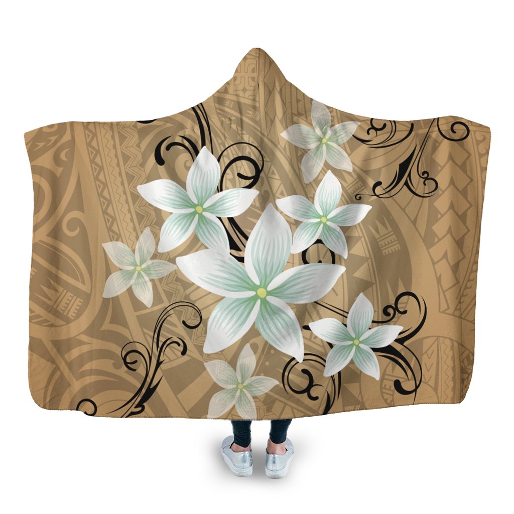 Hawaiian Plumeria Polynesian Hooded Blanket - Gold - AH Hooded Blanket White - Polynesian Pride