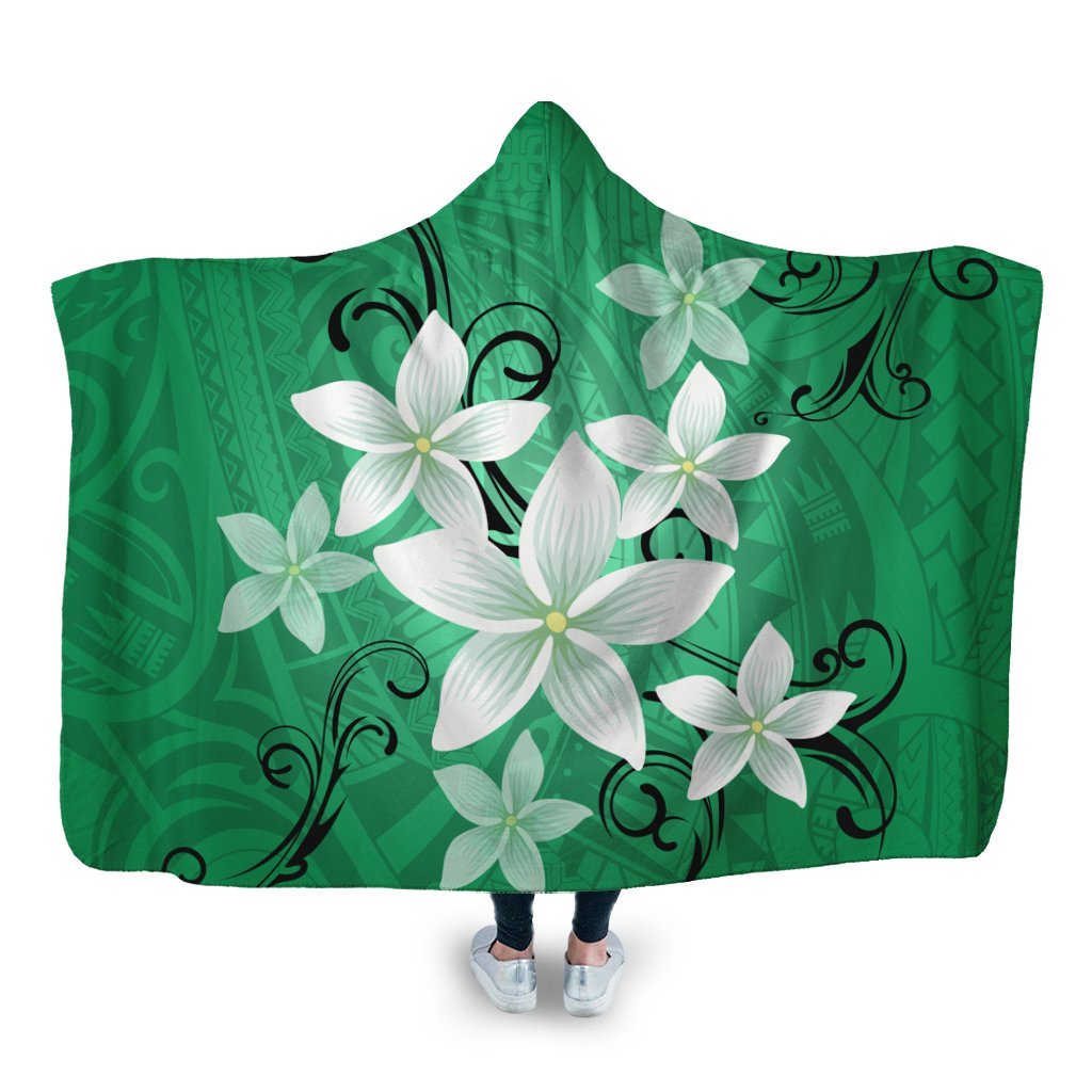 Hawaiian Plumeria Polynesian Hooded Blanket - Green - AH Hooded Blanket White - Polynesian Pride