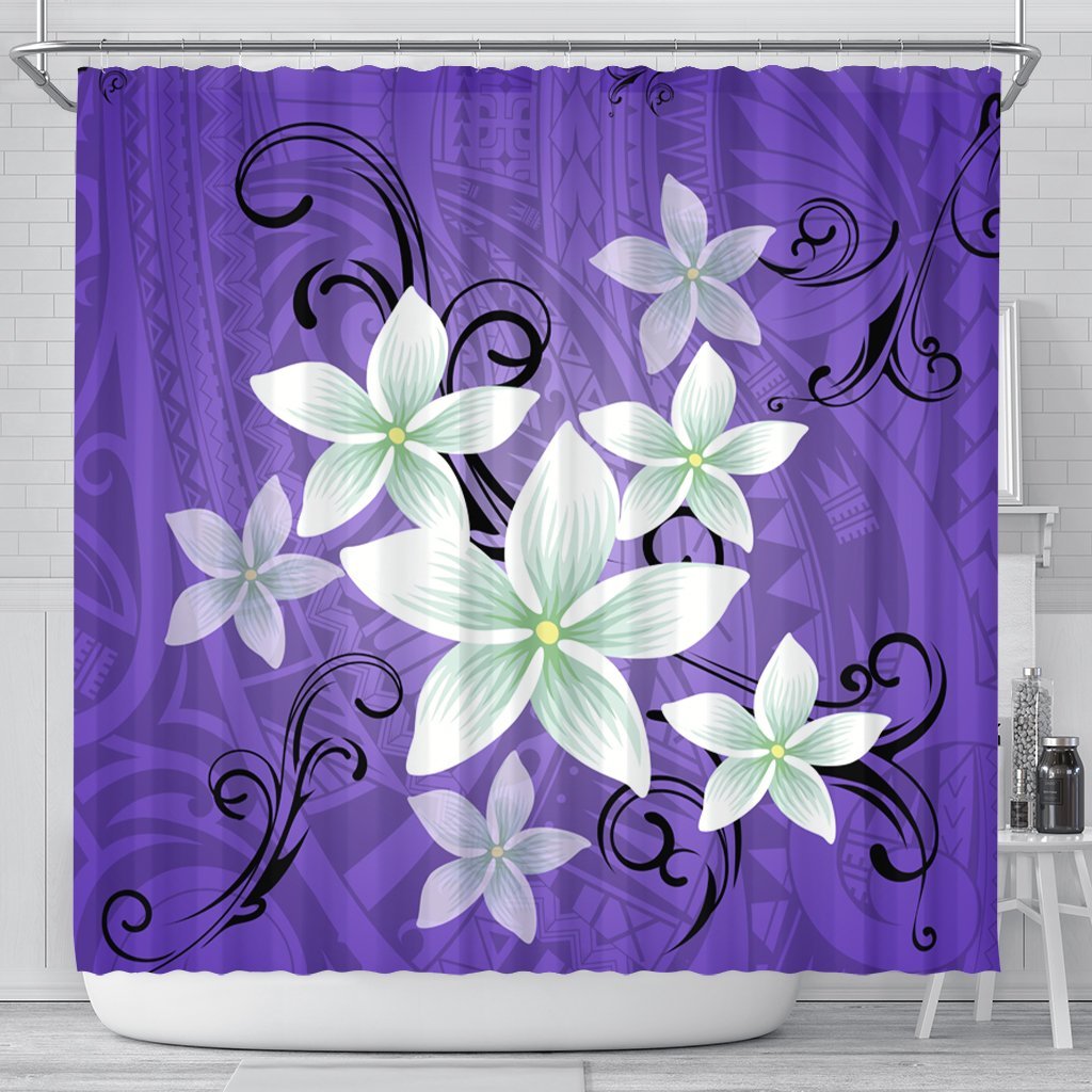 Hawaiian Plumeria Polynesian Shower Curtain - Purple - AH 177 x 172 (cm) Black - Polynesian Pride