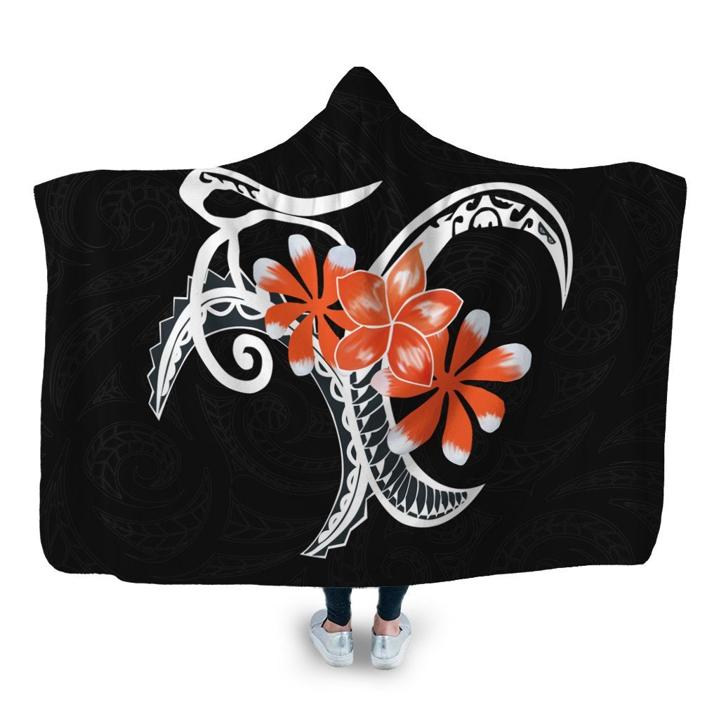 Hawaiian Plumeria Polynesian Orange Hooded Blanket - AH Hooded Blanket White - Polynesian Pride