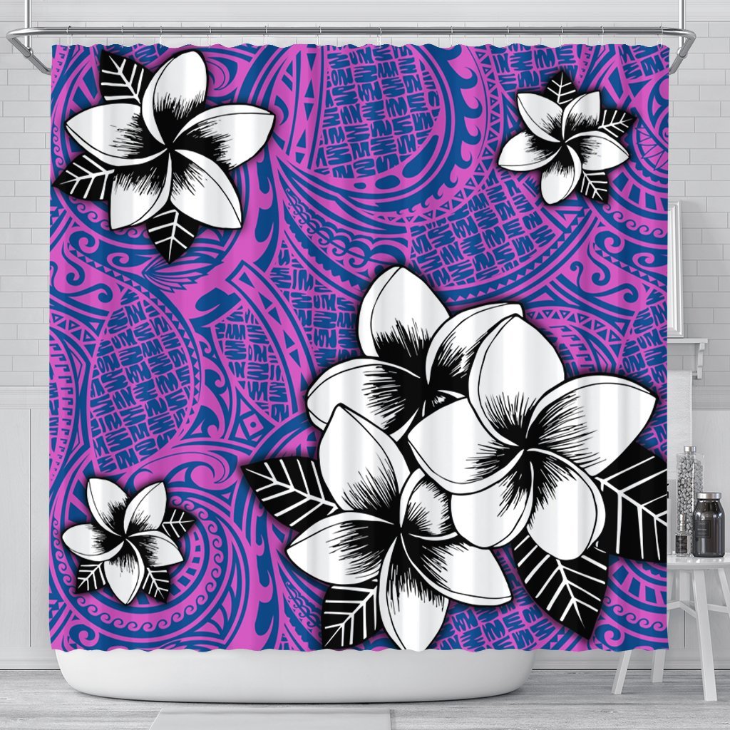 Hawaiian Plumeria Tribal Pink Polynesian Shower Curtain Blue AH 177 x 172 (cm) Black - Polynesian Pride