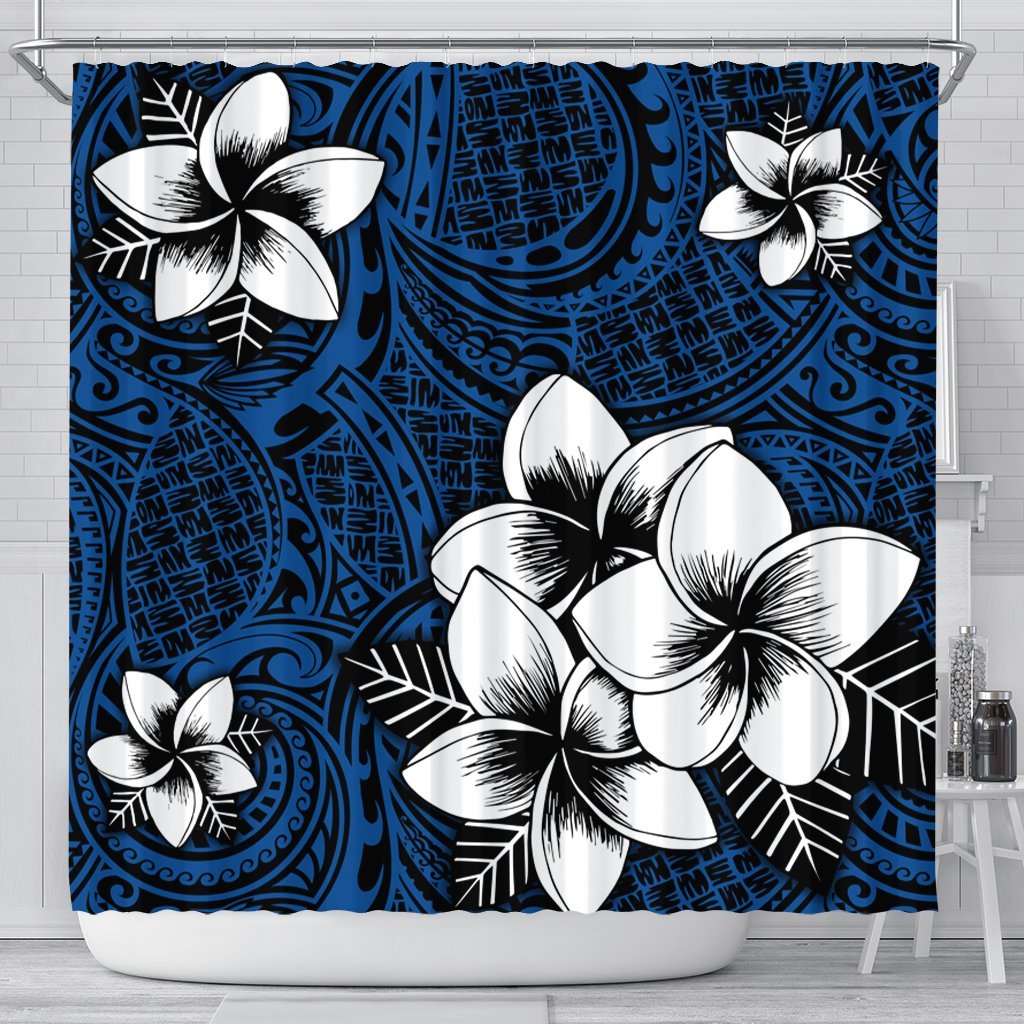 Hawaiian Plumeria Tribal Polynesian Shower Curtain Blue AH 177 x 172 (cm) Black - Polynesian Pride