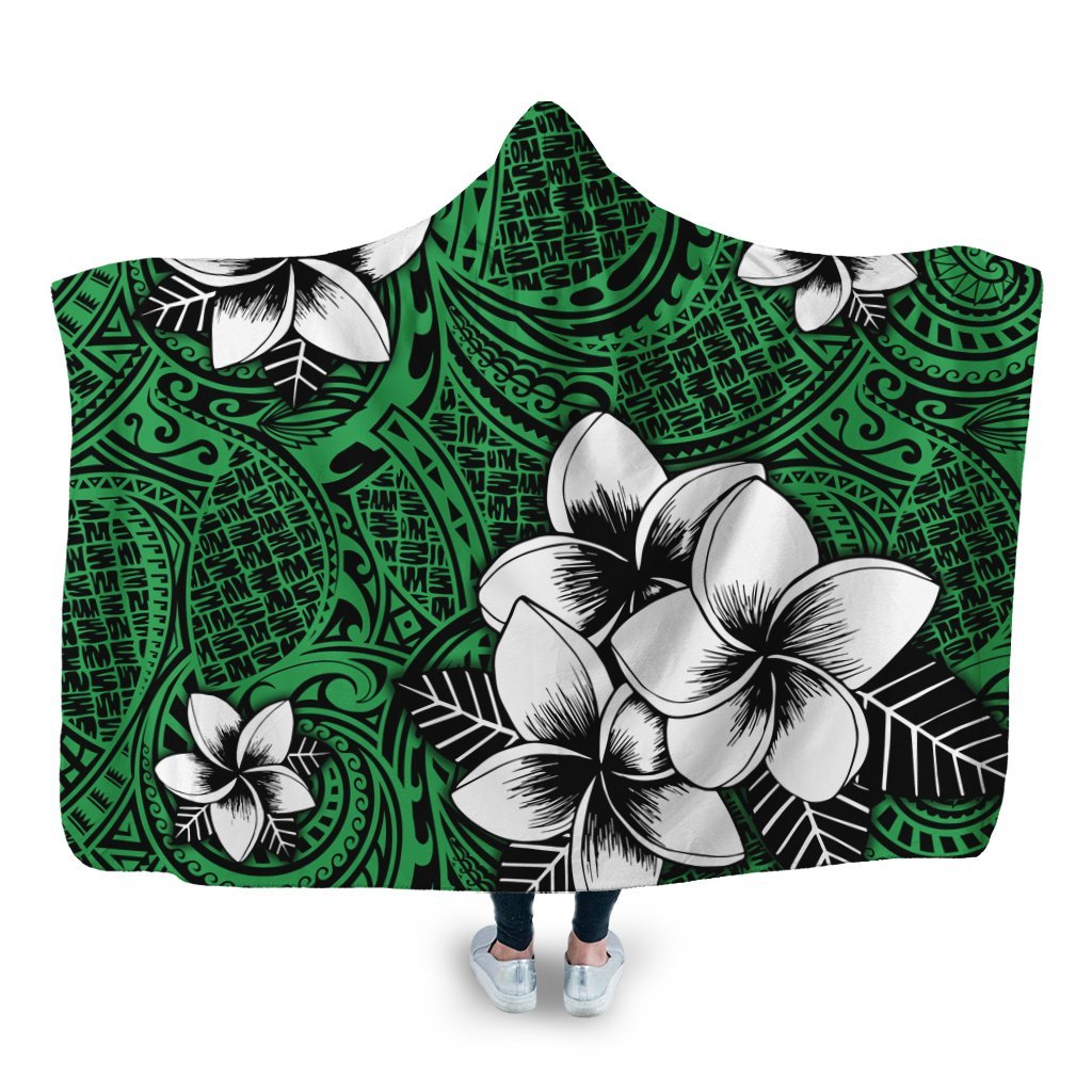 Hawaiian Plumeria Tribal Polynesian Hooded Blanket Green AH Hooded Blanket White - Polynesian Pride