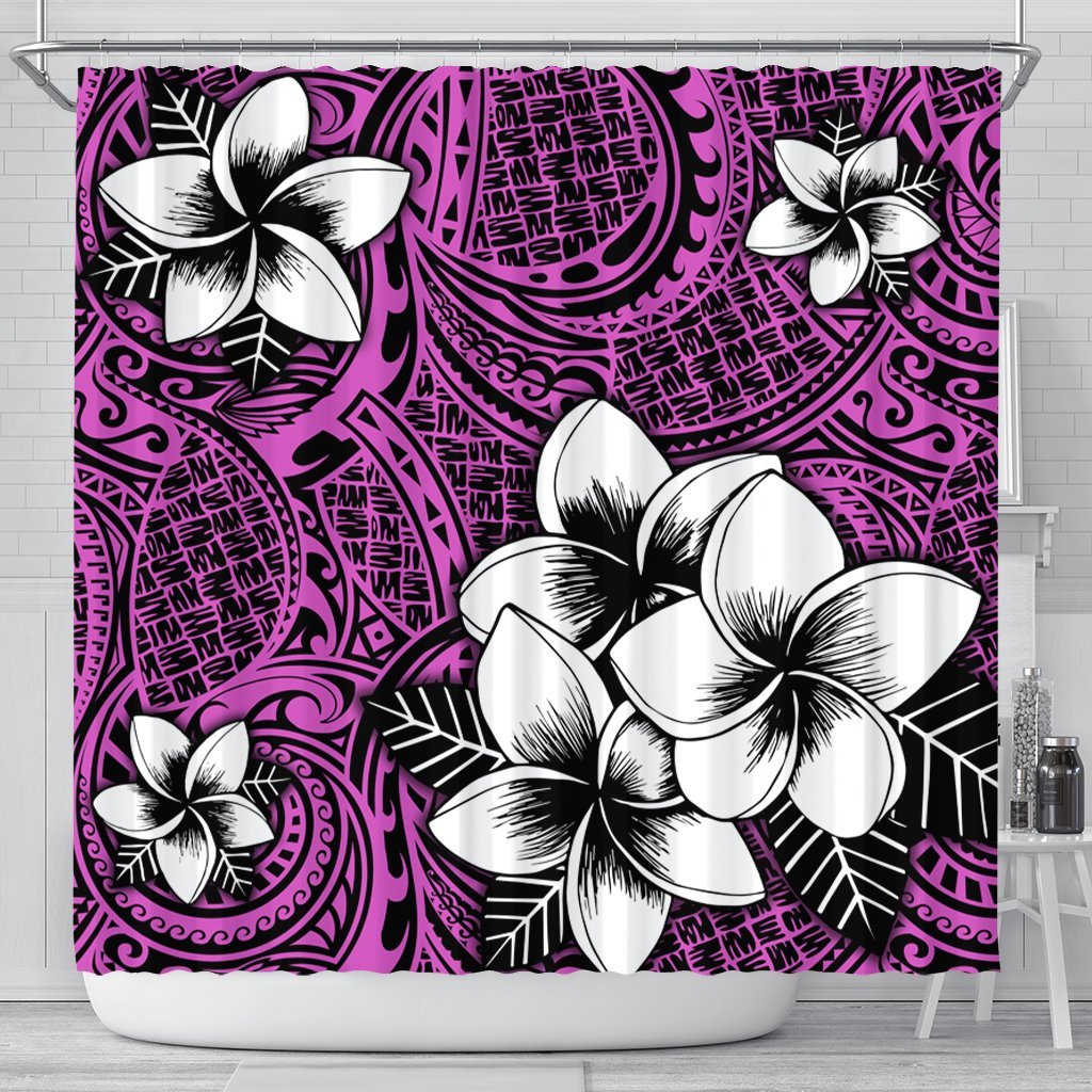 Hawaiian Plumeria Tribal Polynesian Shower Curtain Pink AH 177 x 172 (cm) Black - Polynesian Pride