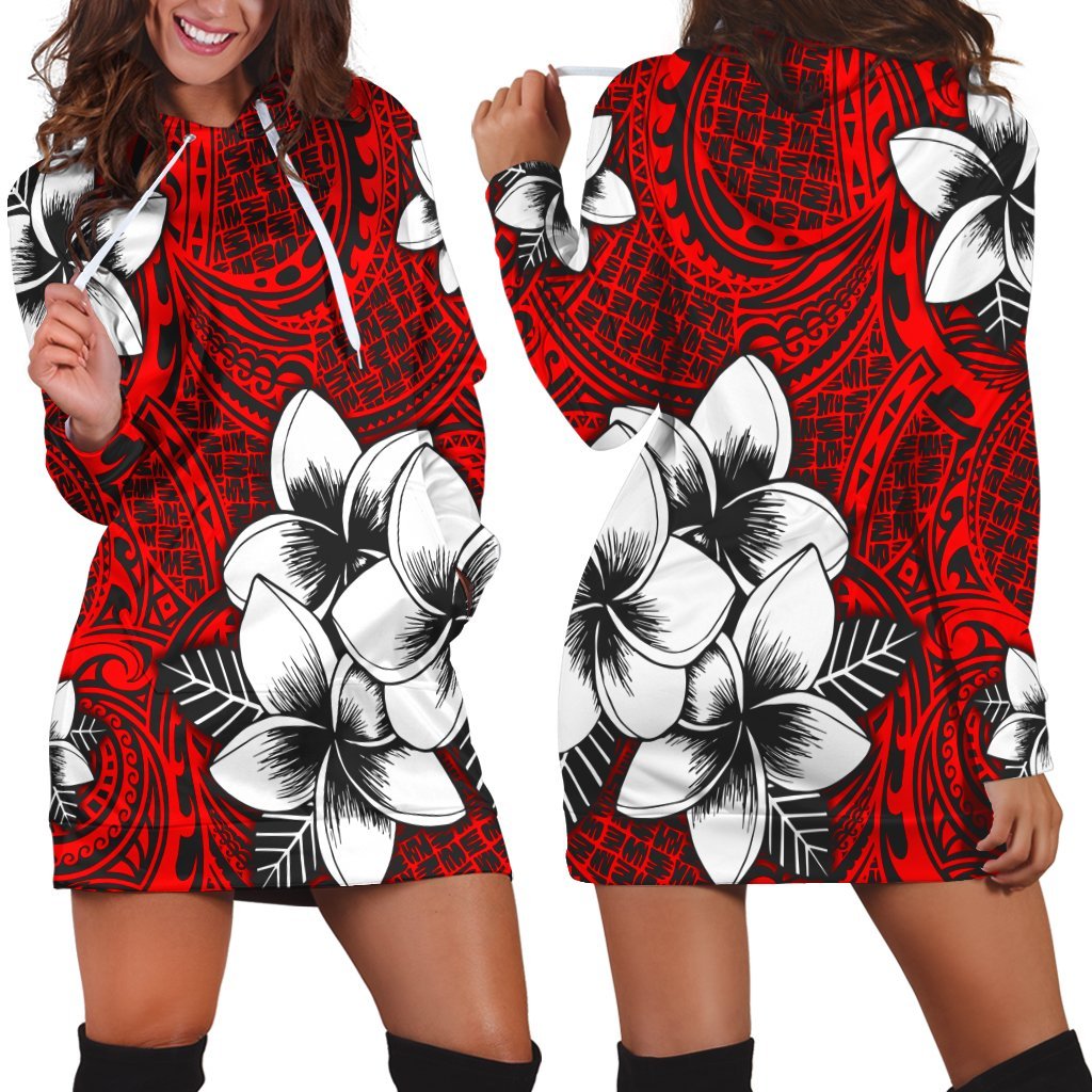 Hawaiian Plumeria Tribal Polynesian Hoodie Dress Red AH Black - Polynesian Pride