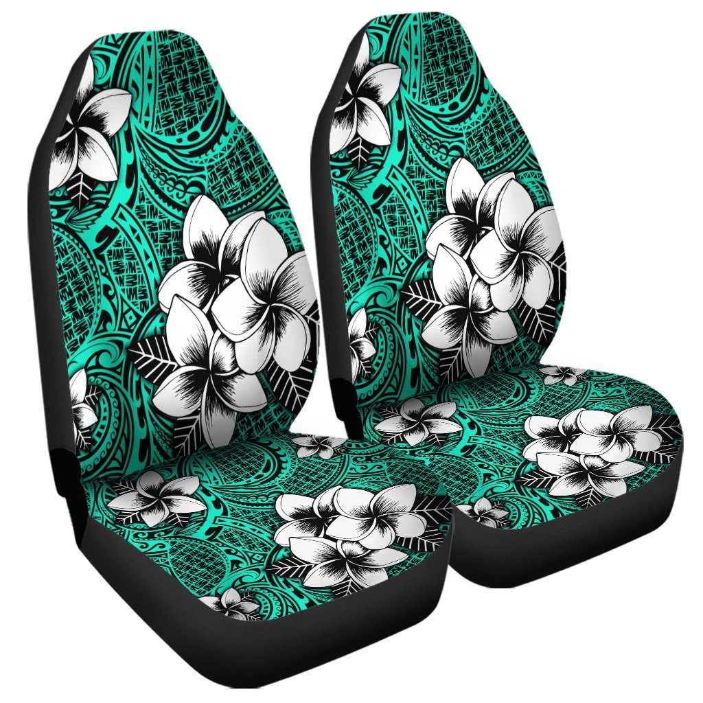 Hawaiian Plumeria Tribe Turquoise Polynesian Car Seat Covers AH Universal Fit Black - Polynesian Pride