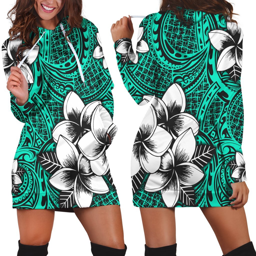 Hawaiian Plumeria Tribe Turquoise Polynesian Hoodie Dress AH Black - Polynesian Pride