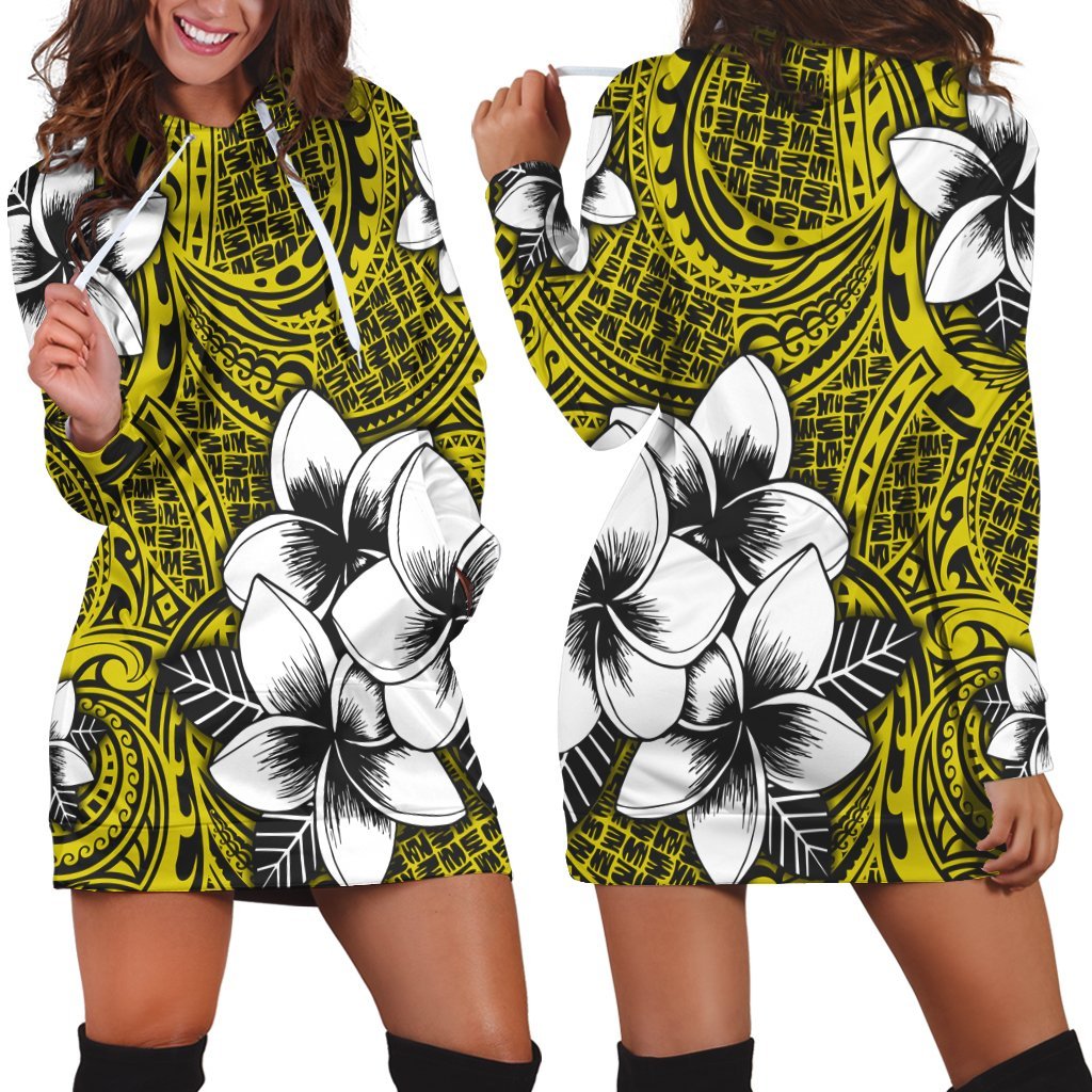 Hawaiian Plumeria Tribe Yellow Polynesian Hoodie Dress AH Black - Polynesian Pride