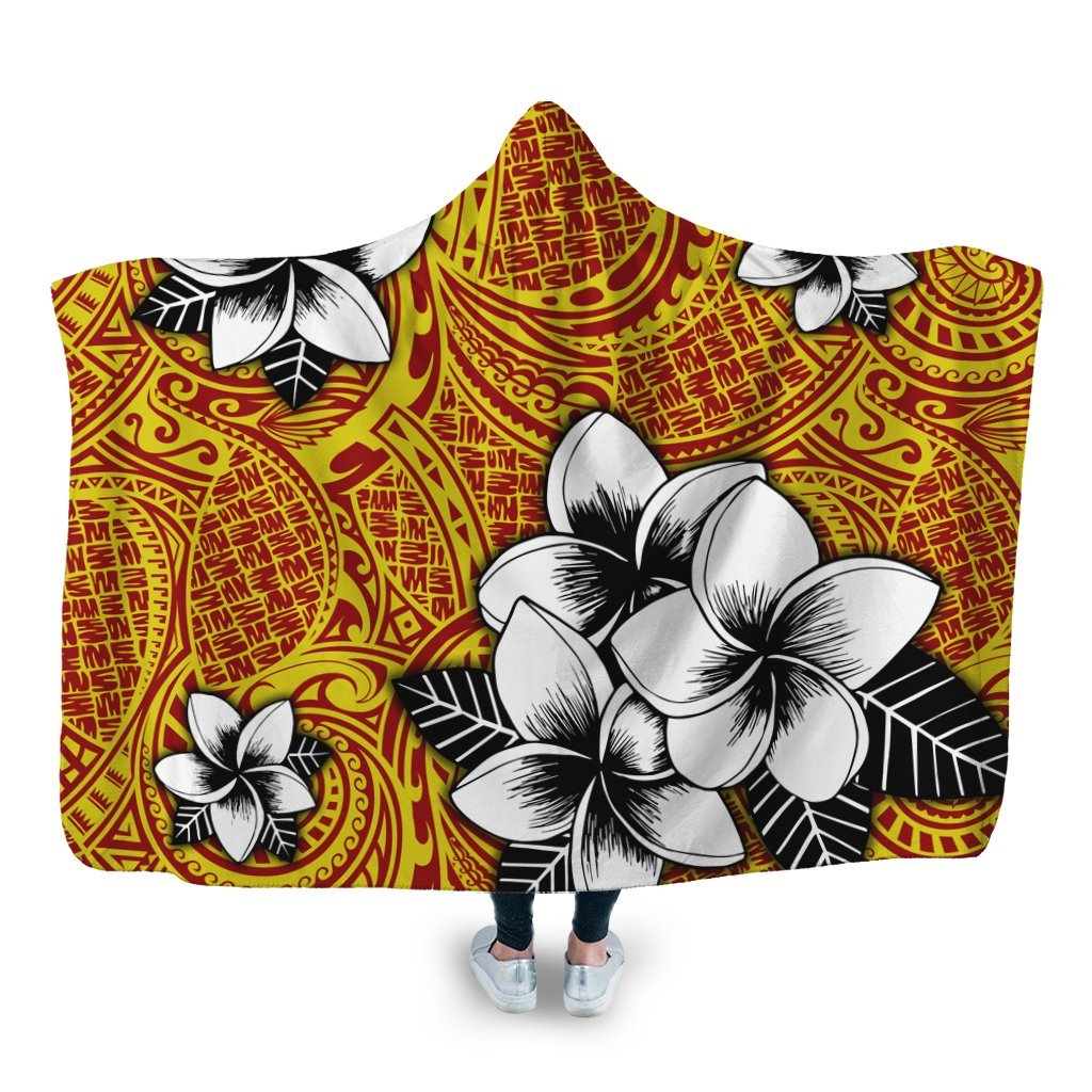 Hawaiian Plumeria Tribe Yellow Red Polynesian Hooded Blanket AH Hooded Blanket White - Polynesian Pride