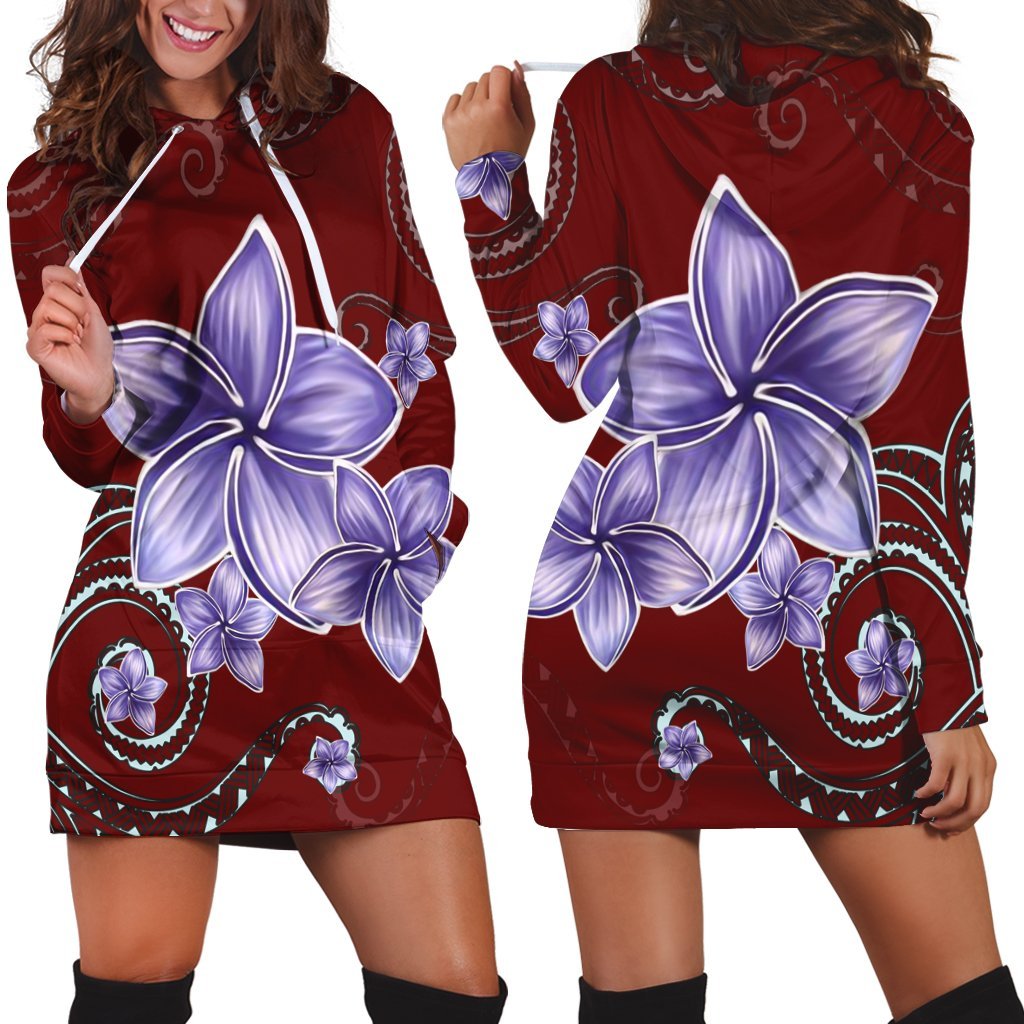 Hawaiian Plumeria Violet Polynesian Red Hoodie Dress - AH Black - Polynesian Pride