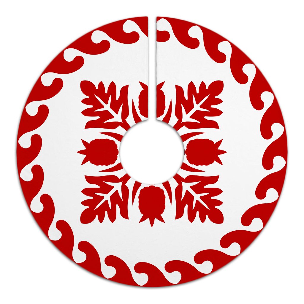 Hawaiian Quilt Pattern Palm Tree And Pineaple Tree Skirt - Red White - AH - Polynesian Pride