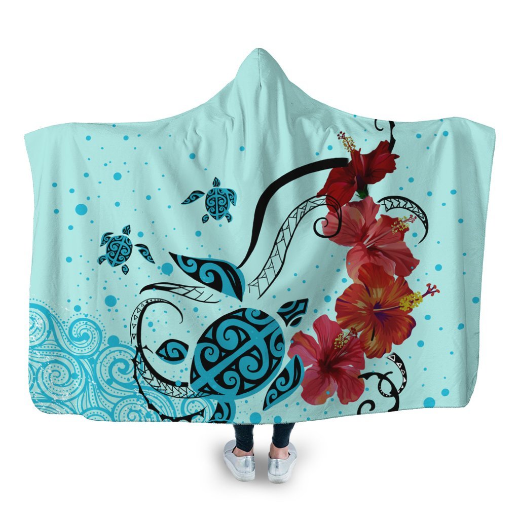 Hawaiian Sea Turtle Hibiscus Brilliant Polynesian Hooded Blanket - AH Hooded Blanket White - Polynesian Pride