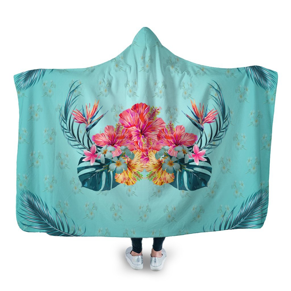 Hawaiian Tropical Strelitzia Hibiscus Plumeria Centre Hooded Blanket - AH Hooded Blanket White - Polynesian Pride