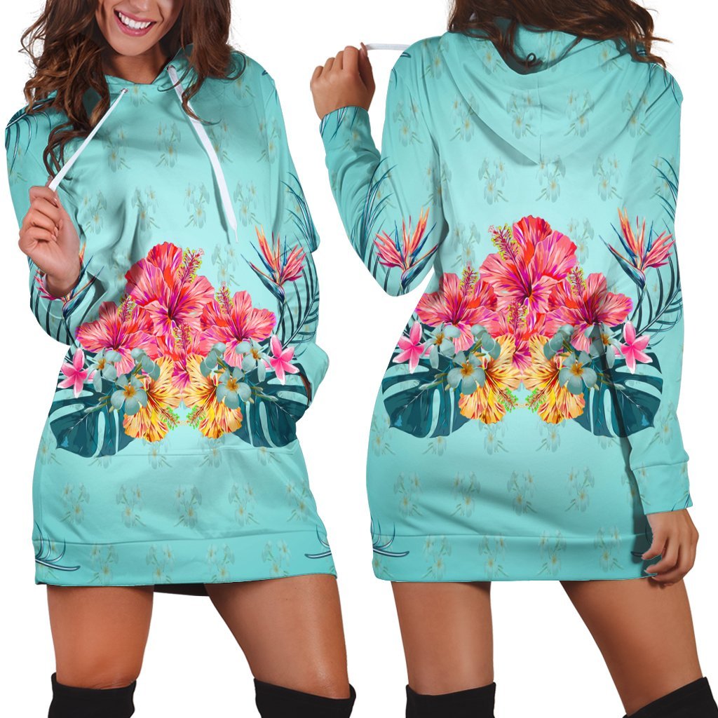 Hawaiian Tropical Strelitzia Hibiscus Plumeria Centre Hoodie Dress - AH Black - Polynesian Pride