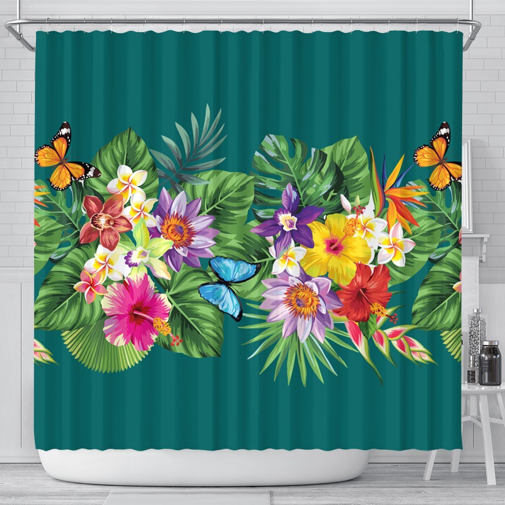 Hawaiian Tropical Strelitzia Plumeria Orchids Hibiscus Polynesian Shower Curtain - AH 177 x 172 (cm) Black - Polynesian Pride