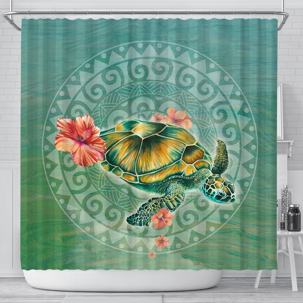 Hawaiian Turtle And Hibiscus Polynesian Shower Curtain - AH 177 x 172 (cm) Black - Polynesian Pride