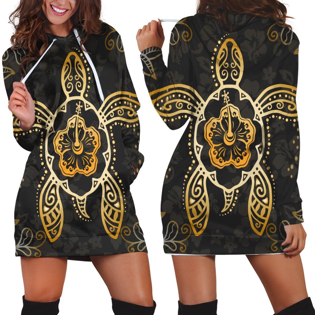 Hawaiian Turtle And Hibiscus Polynesian Hoodie Dress Gold - AH Black - Polynesian Pride