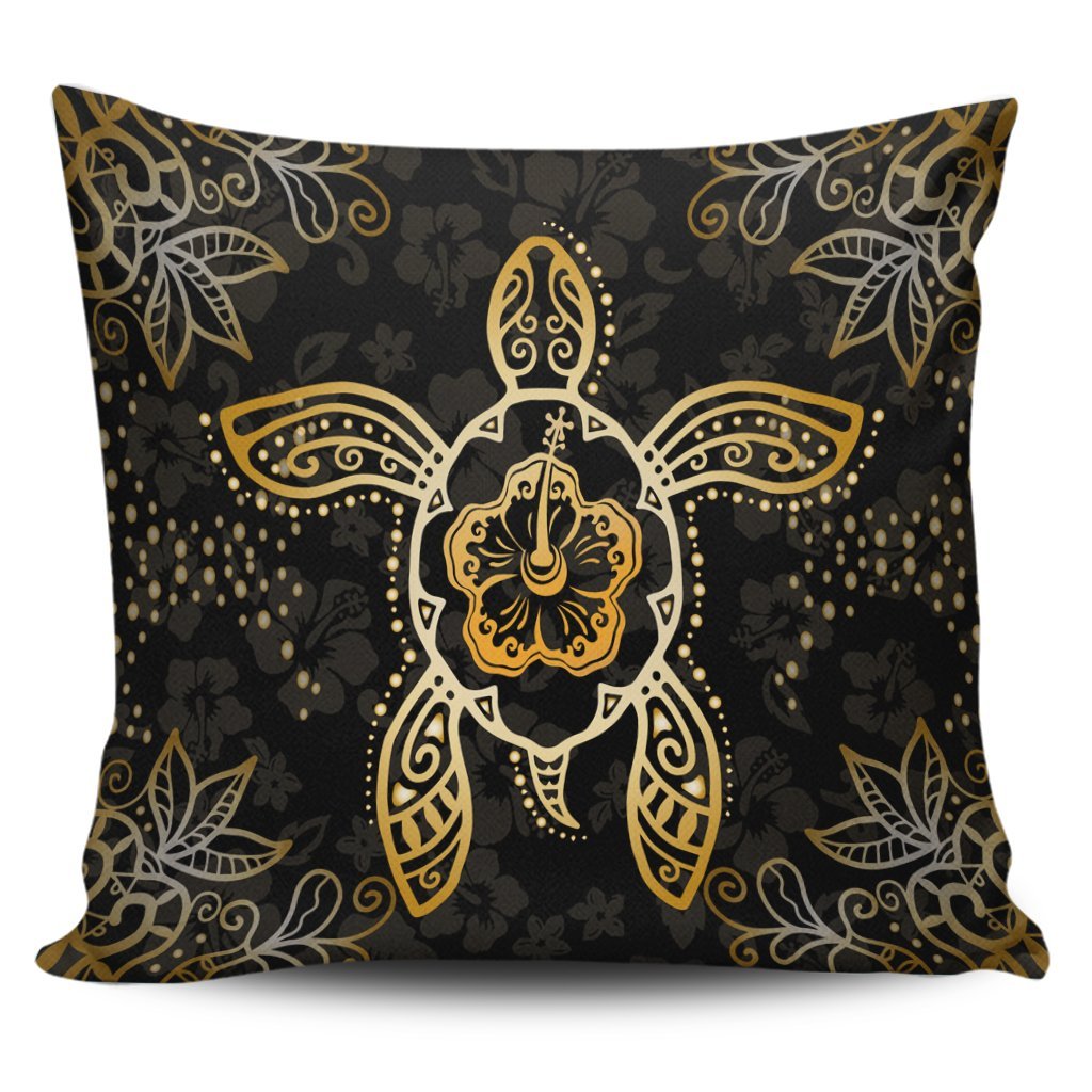 Hawaiian Turtle And Hibiscus Polynesian Pillow Covers Gold - AH Pillow Covers Black - Polynesian Pride