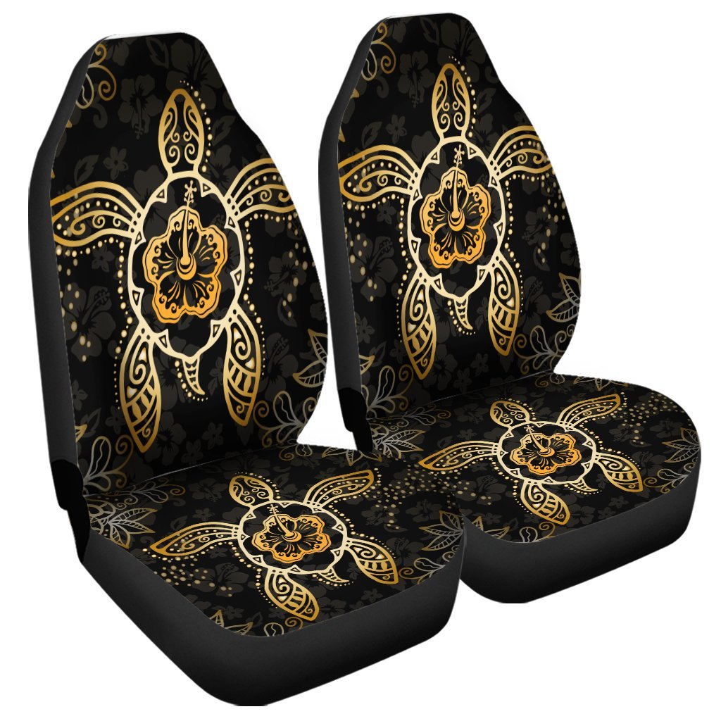 Hawaiian Turtle And Hibiscus Polynesian Car Seat Covers Gold - AH Universal Fit Black - Polynesian Pride