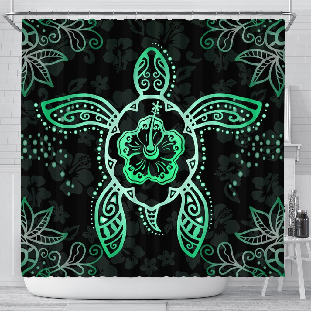 Hawaiian Turtle And Hibiscus Polynesian Shower Curtain Green - AH 177 x 172 (cm) Black - Polynesian Pride