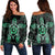 Hawaiian Turtle And Hibiscus Polynesian Women's Off Shoulder Sweater Green - AH Black - Polynesian Pride