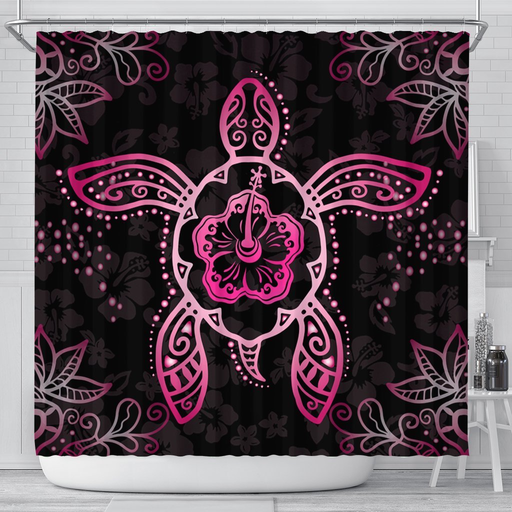 Hawaiian Turtle And Hibiscus Polynesian Shower Curtain Pink - AH 177 x 172 (cm) Black - Polynesian Pride