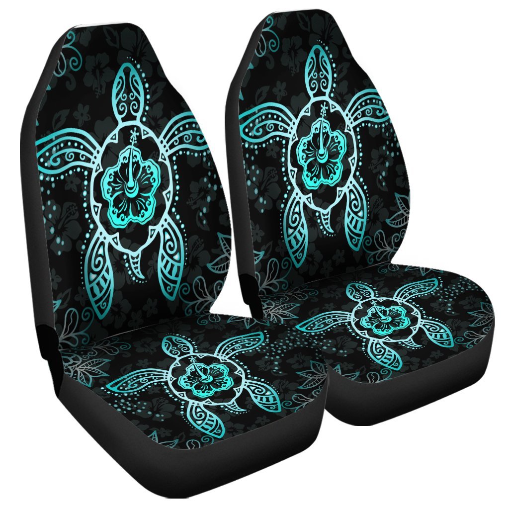 Hawaiian Turtle And Hibiscus Polynesian Car Seat Covers Turquoise - AH Universal Fit Black - Polynesian Pride