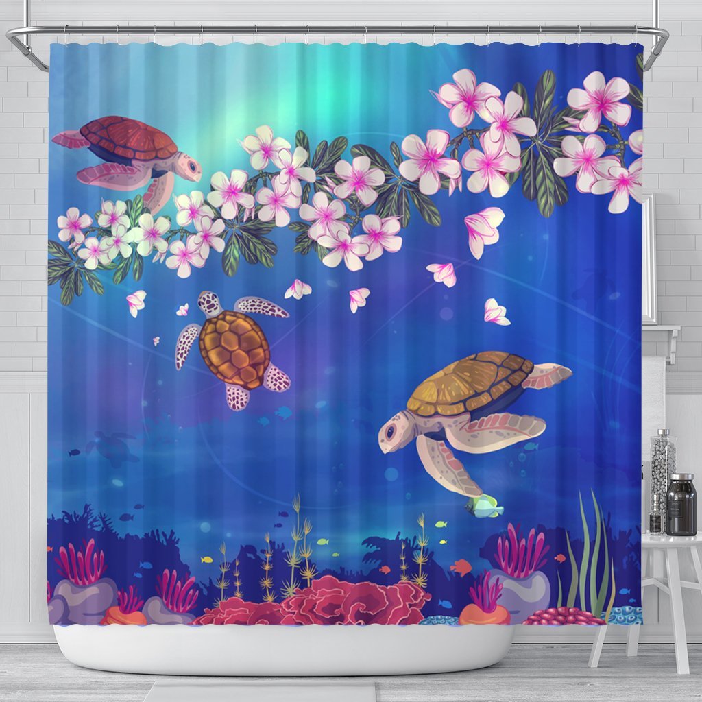 Hawaiian Turtle And Plumeria Pattern Polynesian Shower Curtain - AH 177 x 172 (cm) Black - Polynesian Pride