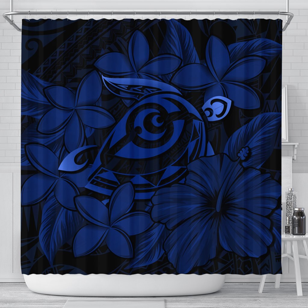 Hawaiian Turtle Hibiscus Plumeria Kanaka Polynesian Shower Curtain Blue - Soft Style - AH 177 x 172 (cm) Black - Polynesian Pride