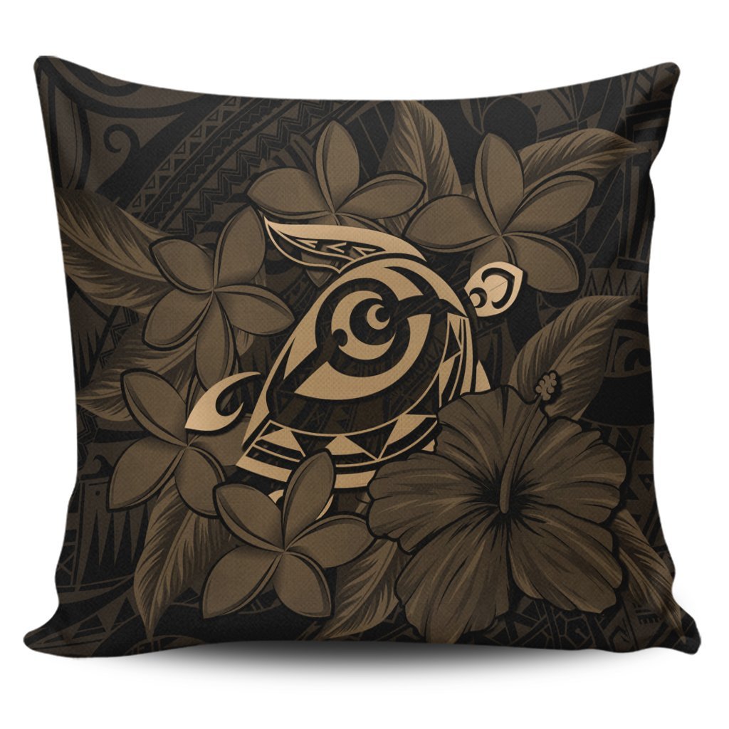 Hawaiian Turtle Hibiscus Plumeria Kanaka Polynesian Pillow Covers Gold - Soft Style - AH Pillow Covers Black - Polynesian Pride