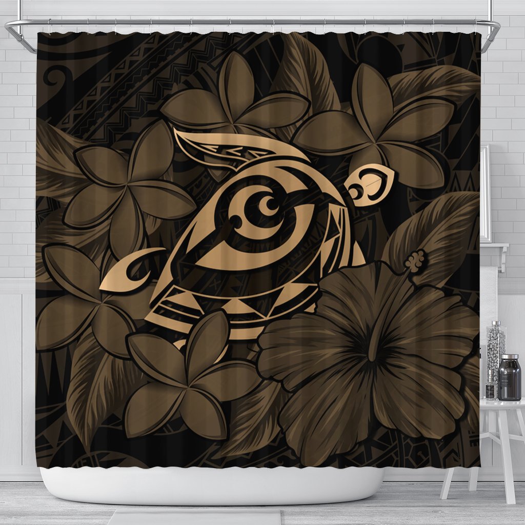 Hawaiian Turtle Hibiscus Plumeria Kanaka Polynesian Shower Curtain Gold - Soft Style - AH 177 x 172 (cm) Black - Polynesian Pride