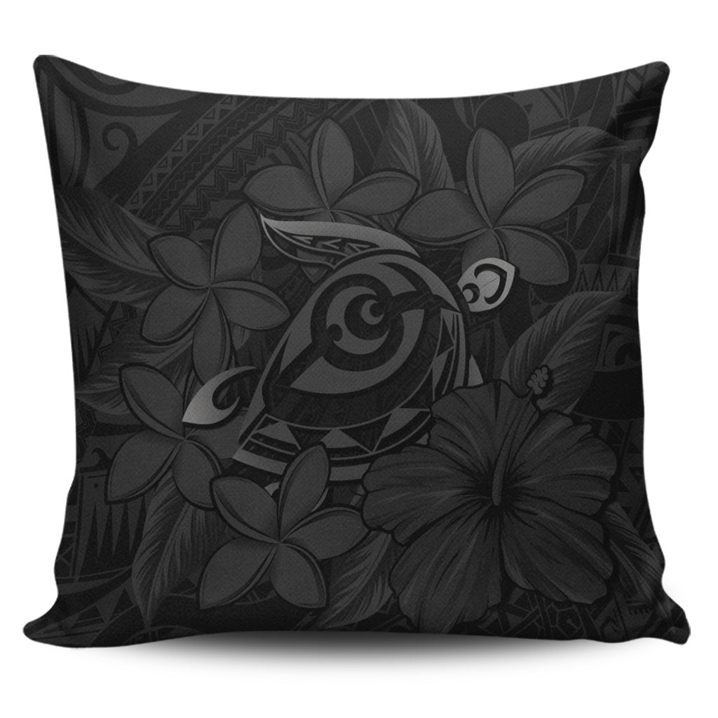 Hawaiian Turtle Hibiscus Plumeria Kanaka Polynesian Pillow Covers Gray - Soft Style - AH Pillow Covers Black - Polynesian Pride