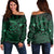 Hawaiian Turtle Hibiscus Plumeria Kanaka Polynesian Women's Off Shoulder Sweater Green - Soft Style - AH Black - Polynesian Pride